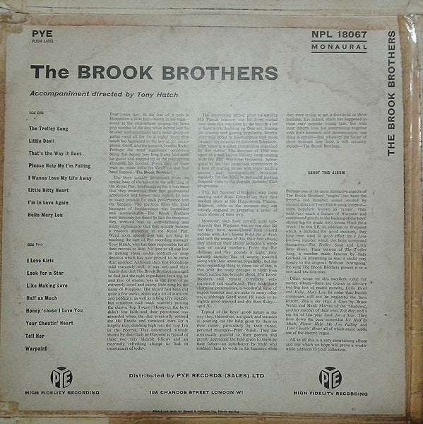 Image of Back Cover of LP - VG/VG - THE BROOK BROTHERS, The Brook Brothers (Pye Records; NPL 18067, UK 1961, Laminated Flipback Sleeve), A few light hairlines only, Glossy vinyl, Sleeve is nicely intact with just a bit of light staining towards the spine,  - 0115176C