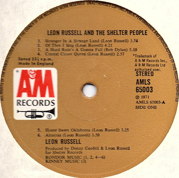 Image of Label Cover of LP - VG/VG - LEON RUSSELL, Leon Russell And The Shelter People (A&M Records; AMLS 65003, UK 1971, Insert, Additional A&M Trademark Credit On Labels), ,  - 2116126C