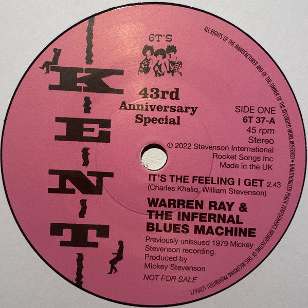 Image of Back Cover of 0125235E: 7" - WARREN RAY & THE INFERNAL BLUES MACHINE / CLYDE MOULTRY, It's The Feeling I Get / Without Your Sweet Lovin' (Kent Records; 6T 37, UK 2022) Lightest of marks.  /VG+