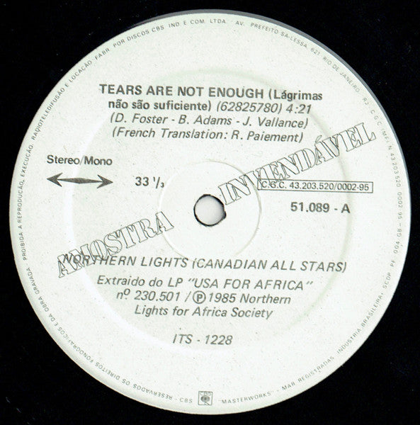 Image of Label Cover of 0125217E: LP - NORTHERN LIGHTS (CANADIAN ALL STARS) / BRUCE SPRINGSTEEN, Tears Are Not Enough / Born In The U.S.A. (CBS; 51.089, Brazil 1985, Promo, Picture Sleeve)   VG+/VG