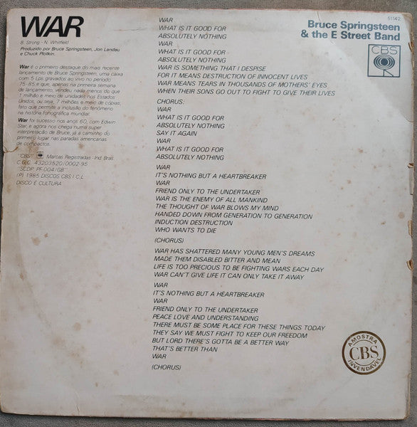 Image of Back Cover of 0125276E: 12" - BRUCE SPRINGSTEEN & THE E STREET BAND, War (CBS; 51.142, Brazil 1986, Promo, Picture Sleeve) Fogging Does Not Affect Play  VG+/VG