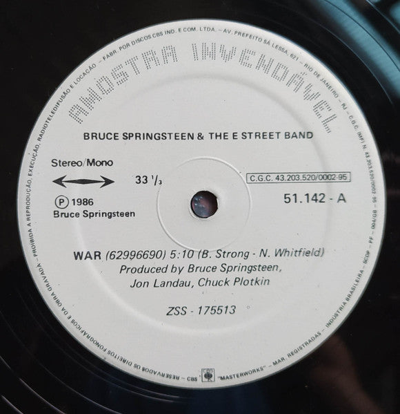 Image of Label Cover of 0125276E: 12" - BRUCE SPRINGSTEEN & THE E STREET BAND, War (CBS; 51.142, Brazil 1986, Promo, Picture Sleeve) Fogging Does Not Affect Play  VG+/VG