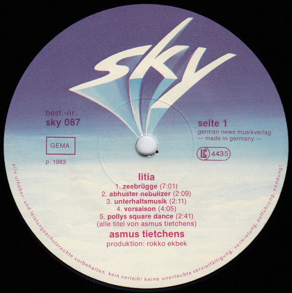 Image of Label Cover of 0145084S: LP - ASMUS TIETCHENS, Litia (Sky Records; SKY 087, Germany 1983) Some slight staining + corner wear.  VG/VG+