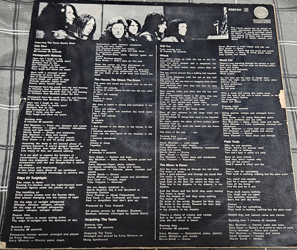 Image of Back Cover of 0115297C: LP - GENTLE GIANT, Acquiring The Taste (Vertigo; 6360 041, Singapore, Malaysia & Hong Kong 1970s Reissue, Laminated Sleeve) Strong VG on the vinyl, A couple of light hairlines, Sleeve has two spots of sticker damage, Fully intact  VG/VG