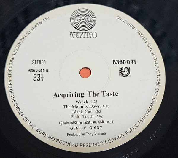 Image of Label Cover of 0115297C: LP - GENTLE GIANT, Acquiring The Taste (Vertigo; 6360 041, Singapore, Malaysia & Hong Kong 1970s Reissue, Laminated Sleeve) Strong VG on the vinyl, A couple of light hairlines, Sleeve has two spots of sticker damage, Fully intact  VG/VG