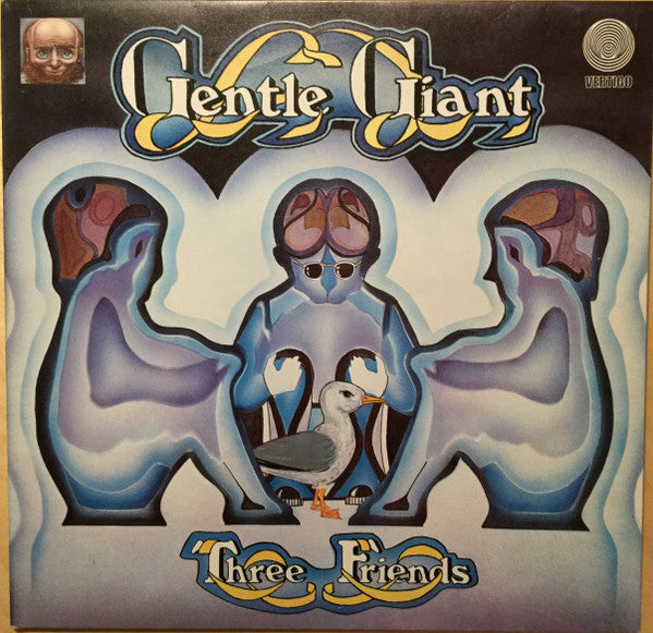 Image of Front Cover of 0115298C: LP - GENTLE GIANT, Three Friends (Vertigo; 6360 070, UK 1972, Gatefold, Vertigo Swirl Inner, 'Feel the Paint' Misprint) Light hairlines, Some sticker damage, Has Vertigo inner  VG/VG