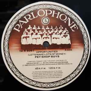 Image of Label Cover of 12" - VG/VG - PET SHOP BOYS, Opportunities (Let's Make Lots Of Money) (Dance Mix) (Parlophone; 12 R 6097, UK 1985, Picture Sleeve, Not Mispressed Version, "Nicks" Runouts), Hairlines, sticker remants, old price sticker, ring wear,  - 3946124S