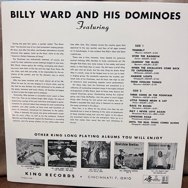 Image of Back Cover of 0115415C: LP - BILLY WARD AND HIS DOMINOES, Billy Ward And His Dominoes Featuring Clyde McPhatter And Jackie Wilson (King Records; 733, US 1987 Reissue) Shrink-wrap  VG+/VG