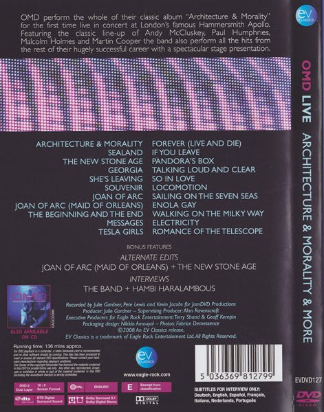 Image of Back Cover of 0135191E: DVD - ORCHESTRAL MANOEUVRES IN THE DARK, OMD Live (Architecture & Morality & More) (EV Classics; EVDVD127, Europe 2012)   VG+/VG+