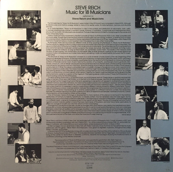 Image of Back Cover of LP - VG/VG - STEVE REICH, Music for 18 Musicians (ECM; 1129, Germany 1978), One or two barely visible marks that cause a few light pops and clicks about halfway through side 2. Sleeve has some light ring wear and aging,  - 2826021E