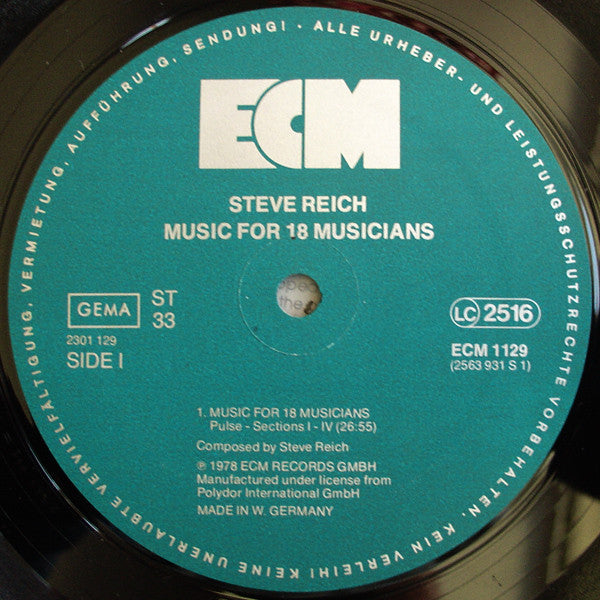 Image of Label Cover of LP - VG/VG - STEVE REICH, Music for 18 Musicians (ECM; 1129, Germany 1978), One or two barely visible marks that cause a few light pops and clicks about halfway through side 2. Sleeve has some light ring wear and aging,  - 2826021E