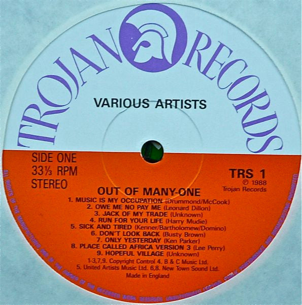 Image of Label Cover of LP - VG/VG - VARIOUS ARTISTS, Out Of Many, One - Jamaican Music 1962-1975 (Trojan Records; TRS 1, UK 1988), ,  - 2516157C