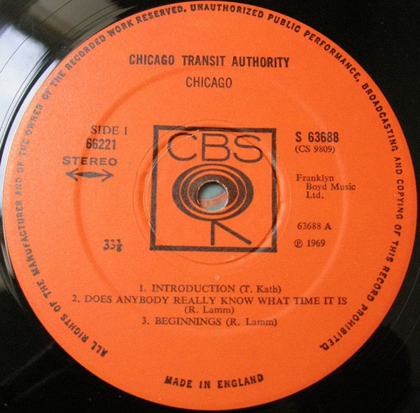 Image of Label Cover of 2xLP - VG/VG+ - CHICAGO, Chicago Transit Authority (CBS; 66221, UK 1969, Gatefold, Franklyn Boyd Music Ltd.), ,  - 3116178C