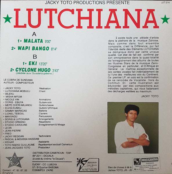 Image of Back Cover of 0225125E: LP - LUTCHIANA MOBULU LE COBRA ACCOMPAGN  PAR EMPIRE BAKUBA, Malata (Jacky Toto Productions; JJT 014, Cameroon ) One visible mark, non audible.  VG+/VG+