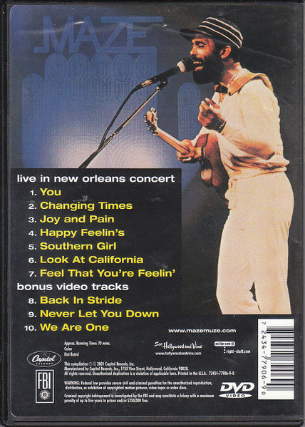 Image of Back Cover of 0235056E: DVD - MAZE FEATURING FRANKIE BEVERLY, Live In New Orleans (Capitol Records; 72434-77906-9-0, US 2001, Region 1 US)   VG+/VG+