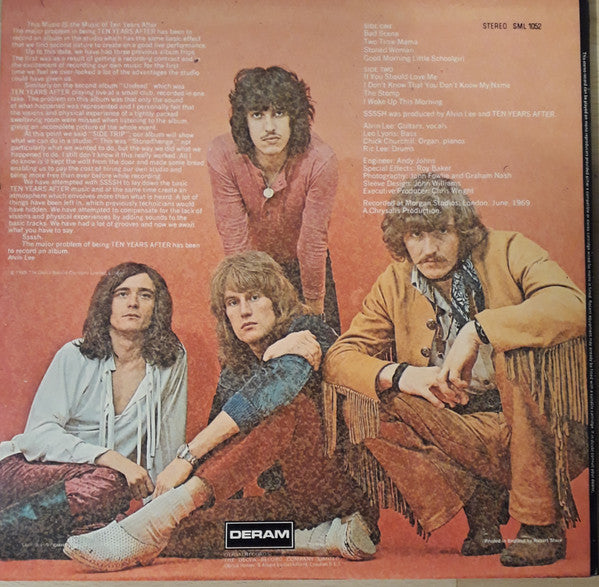 Image of Back Cover of LP - G+/VG - TEN YEARS AFTER, Ssssh. (Deram; SML 1052, UK 1972), Strong VG, Lightest of marks, Sleeve has a removed sticker that has left light residue, Otherwise VG. Labels have TV Gram Library stickers and stamp,  - 0245071S