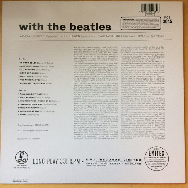 Image of Back Cover of LP - VG+/VG+ - THE BEATLES, With The Beatles (Parlophone Silver/Black - 2 EMI Boxes; PCS3045, UK 1984 Reissue, All Rights on Label Rim), ,  - 2526324E