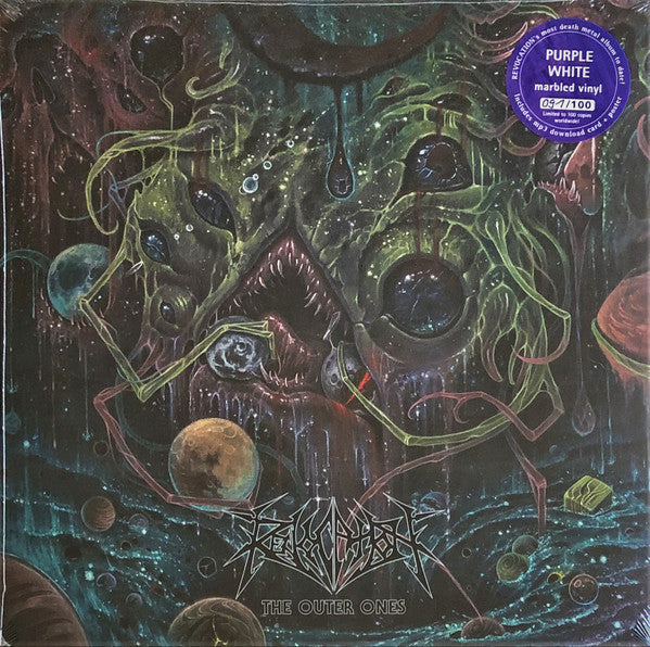 Image of Front Cover of 0225211E: LP - REVOCATION, The Outer Ones (Metal Blade Records ; 3984-15590-1, US 2020 Reissue, Gatefold, Company Inner, Poster, Limited Edition of 100, Purple/White Marbled Vinyl) NOT NUMBERED, Not In Shrinkwrap So Has No Numbered Sticker  EX/EX