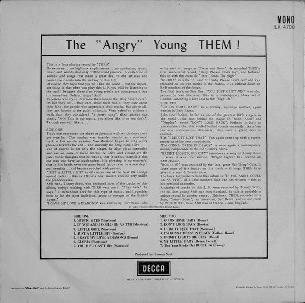 Image of Back Cover of 0225200E: LP - THEM, The "Angry" Young Them! (Decca Red Unboxed; LK 4700, UK 1965, Non-Flipback, Laminated Front Sleeve, Company Inner, Mono, First Pressing With Only Tommy Scott Named On Rear Sleeve) Blemishes On Front Sleeve, Rear Sleeve Discoloured  VG/VG