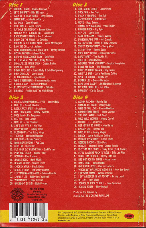 Image of Back Cover of 0255052S: 4xCD - VARIOUS, Rockin' Bones: 1950s Punk & Rockabilly (Rhino Records; R2 73346, US 2006)   VG/VG