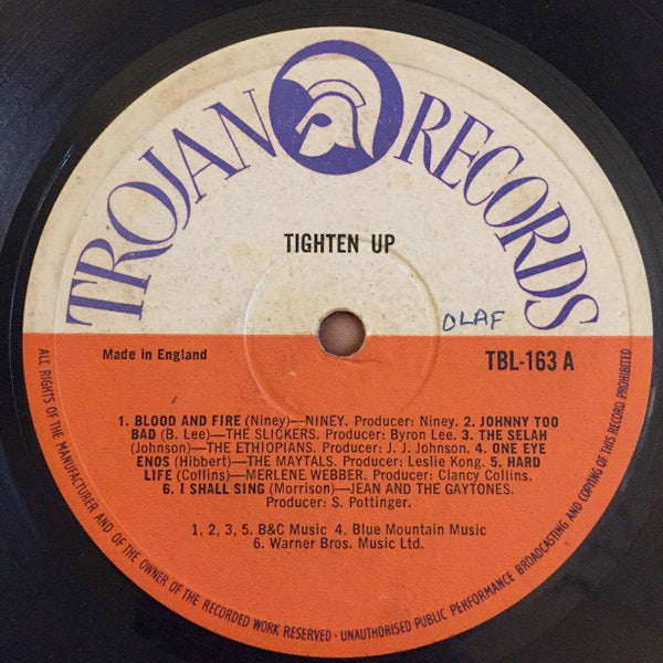 Image of Label Cover of 0215302C: LP - VARIOUS, Tighten Up Volume 4 (Trojan Records; TBL 163, UK 1971, Laminated Front Sleeve, Label Variation) Marks to disc but plays fine.  VG+/G