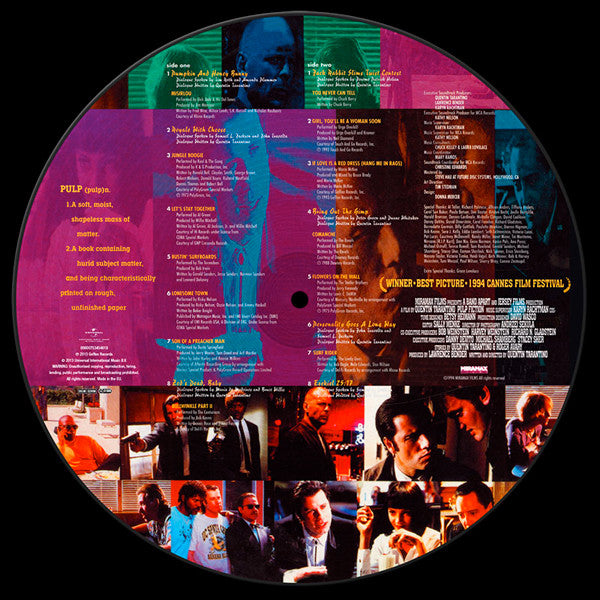 Image of Back Cover of 0245159S: LP - VARIOUS, Pulp Fiction (Music From The Motion Picture) (Universal Music Group International; 00600753454619, Europe 2013 Reissue, Clear Plastic Sleeve, Picture Disc, Remastered) SEALED.  EX/EX