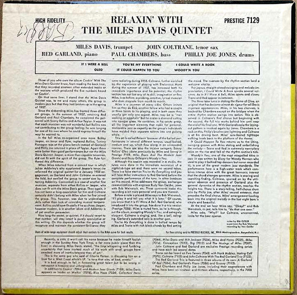 Image of Back Cover of 0245222S: LP - THE MILES DAVIS QUINTET, Relaxin' With The Miles Davis Quintet (Prestige; 7129, US 1958, Pasteback Sleeve, Company Inner, Pressing indentation around spindle hole on side B) A couple of light scratches and scuffs on Side A, light wear on opening edge, very small initials on top right of back cover  VG/VG