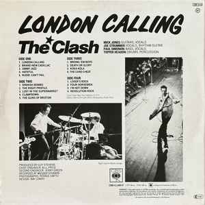 Image of Back Cover of 0245230S: LP - THE CLASH, London Calling (CBS; CBS CLASH 3, UK 1979, 2 Inners, "18 Track Double Album  5 R.R.P." hype sticker on cover, "Train In Vain" only listed in runout etching on side D) Lovely LPs, inners and cover, with original hype sticker, very minor bottom corner bump, record shop price sticker on front cover  VG+/VG+