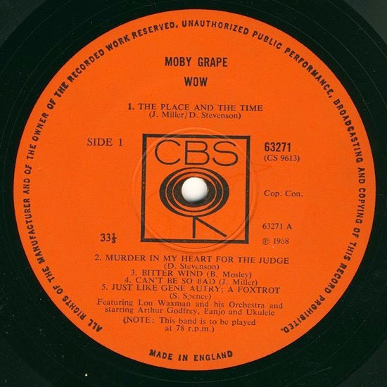 Image of Label Cover of LP - VG/G - MOBY GRAPE, Wow (CBS Orange (33 1/3 On Label); 63271, UK 1968, Laminated Sleeve, Mono), Lots of light marks and hairlines, Some scratches to sleeve laminate,  - 2716370C