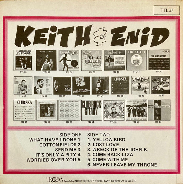 Image of Back Cover of 12" - G+/VG+ - KEITH AND ENID, Keith And Enid Sing (Trojan Records; TTL 37, UK 1970 Reissue, Laminated Front Sleeve), Creases and sticker ghost on front sleeve.,  - 2846223S