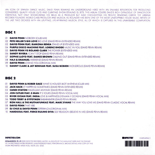 Image of Back Cover of 0235219E: 2xCD - DAVID PENN, House Masters (Defected; HOMAS32CD, UK 2020, Gatefold Card Sleeve)   EX/VG+