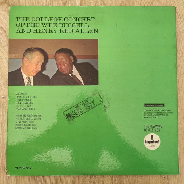 Image of Back Cover of 0315042C: LP - PEE WEE RUSSELL AND HENRY RED ALLEN, The College Concert Of Pee Wee Russell And Henry Red Allen (Impulse!; A-9137, US 1967, Promo, Gatefold, Company Inner) Surface tear to front of sleeve. Disc has light marks only. Company inner has splits.  G+/VG