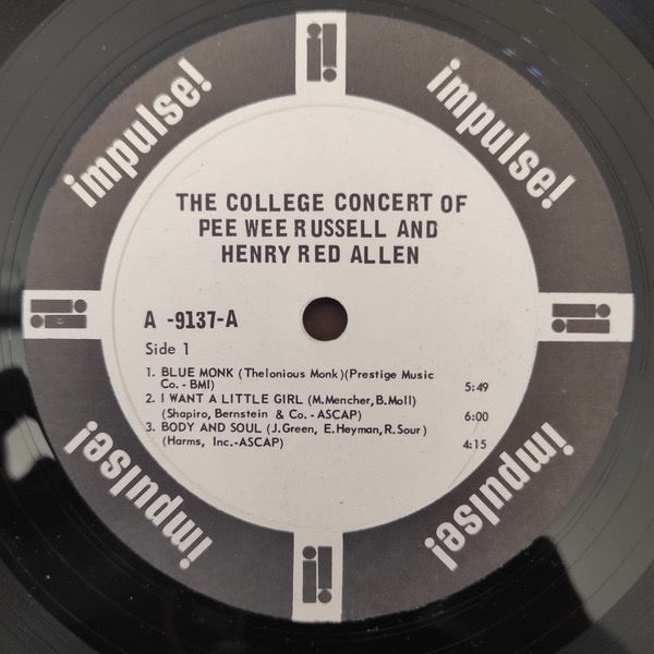 Image of Label Cover of 0315042C: LP - PEE WEE RUSSELL AND HENRY RED ALLEN, The College Concert Of Pee Wee Russell And Henry Red Allen (Impulse!; A-9137, US 1967, Promo, Gatefold, Company Inner) Surface tear to front of sleeve. Disc has light marks only. Company inner has splits.  G+/VG