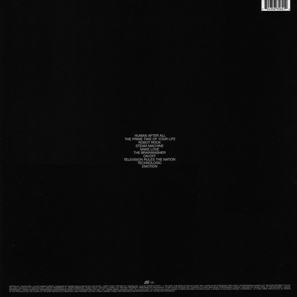 Image of Back Cover of 2xLP - VG/G - DAFT PUNK, Human After All (Virgin; 724356356214, Europe 2005, Gatefold, 2 Inners), Sleeve intact, Scratchy marks to gloss, Corner bumps, Inners have small splits, Discs are covered in fine hairlines and light marks, Plays fine with a little surface noise in quiet sections. ,  - 1216338C