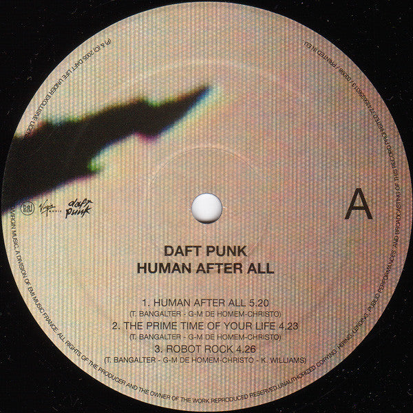 Image of Label Cover of 2xLP - VG/G - DAFT PUNK, Human After All (Virgin; 724356356214, Europe 2005, Gatefold, 2 Inners), Sleeve intact, Scratchy marks to gloss, Corner bumps, Inners have small splits, Discs are covered in fine hairlines and light marks, Plays fine with a little surface noise in quiet sections. ,  - 1216338C