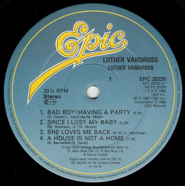 Image of Label Cover of LP - VG/G+ - LUTHER VANDROSS, Luther Vandross (Epic; EPC 25220, UK 1982), Light marks only,  - 3816235C