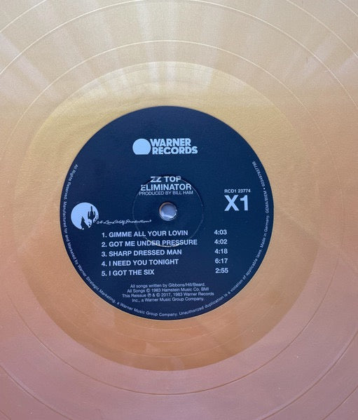 Image of Label Cover of 4815397C: LP - ZZ TOP, Eliminator (Warner Records; RCD1 23774, Worldwide 2023 Reissue, Inner, Gold Vinyl)   NEW/NEW