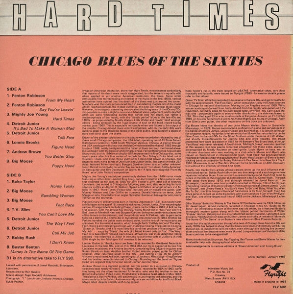 Image of Back Cover of LP - G+/G+ - VARIOUS, Hard Times (Chicago Blues Of The Sixties) (Flyright Records; FLY LP 602, UK 1985, Mono), Sleeve has bent corner, sticker ghost, creasing, wear and scuffs,  - 3515402C