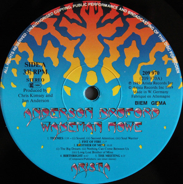 Image of Label Cover of LP - VG/VG - ANDERSON BRUFORD WAKEMAN HOWE, Anderson Bruford Wakeman Howe (Arista; 209 970, Europe 1989, Gatefold, Inner), Seam split on top edge and some ring wear.  Some scuffs and light longer marks on record. ,  - 5125235E