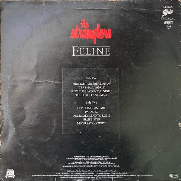 Image of Back Cover of LP - VG+/EX - THE STRANGLERS, Feline (Epic; EPC 25237, UK 1982, Embossed Sleeve), Seal opened instore, still in shrinkwrap with no hype sticker. Corner wear and creasing. ,  - 3926361E