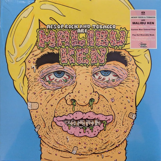 Image of Front Cover of 2015144C: LP - AESOP ROCK AND TOBACCO ARE MALIBU KEN, Malibu Ken (Rhymesayers Entertainment; RSE256LPC1, US 2019, Gatefold, Pop-Out Wearable Mask, Blue Vinyl, Download)   NEW/NEW