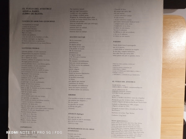 Image of Back Cover of LP - VG+/VG+ - EL VUELO DEL AVESTRUZ, Ahab and Isabel (G33G Records; G3B5, Spain 1991, Insert), ,  - 3525229E