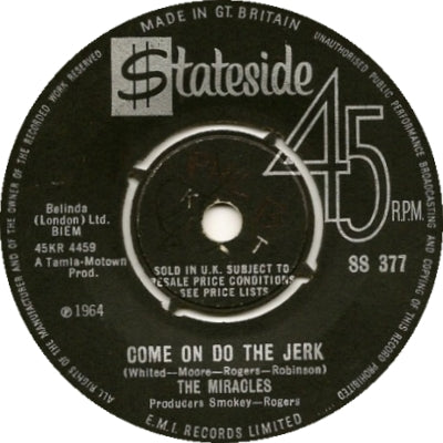 Image of Front Cover of 7" - /G+ - THE MIRACLES, Come On Do The Jerk / Baby Don't You Go (Stateside; SS 377, UK 1965), Marks on disc. Plays well.,  - 4426167E