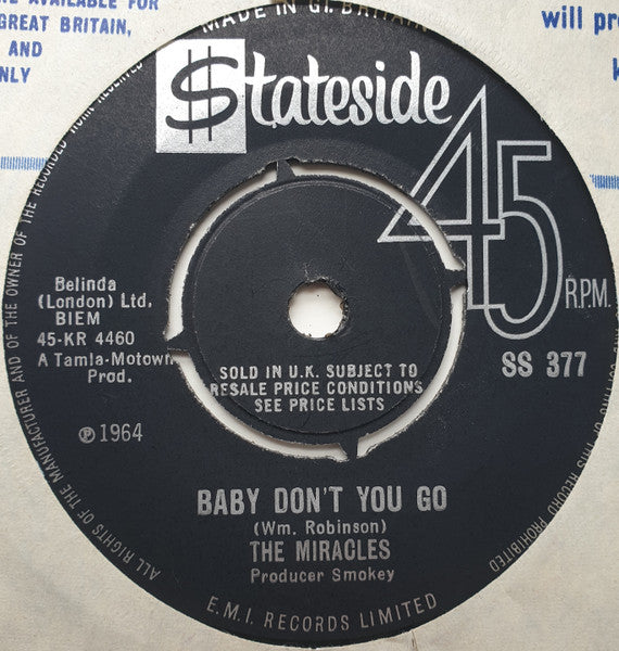 Image of Back Cover of 7" - /G+ - THE MIRACLES, Come On Do The Jerk / Baby Don't You Go (Stateside; SS 377, UK 1965), Marks on disc. Plays well.,  - 4426167E