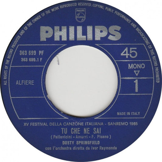 Image of Front Cover of 7" - VG/VG - DUSTY SPRINGFIELD, Tu Che Ne Sai / Di Fronte All'Amore (Philips ; 363 699 PF, Italy 1965, Company Sleeve), Sleeve Creased,  - 0425295E