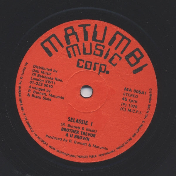 Image of Front Cover of 12" - /VG - TREVOR HARTLEY AND U BROWN, Selassie I / Skip Away (Matumbi Music Corp; MA 005, UK 1978, Plain Sleeve), Light marks only, plays fine. Clean labels. Reggae Disco 45 sleeve.,  - 4026236E