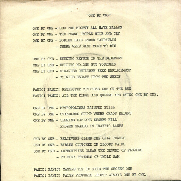 Image of Back Cover of 2724269E: 7" EP - RUEFREX, One By One EP (Good Vibrations; GOT8, UK 1979, Fold Out Sleeve, Light Yellow Sleeve, Solid Centre But Not Mislabeled) Damage To Sleeve Top, Stains on Sleeve  VG/VG+