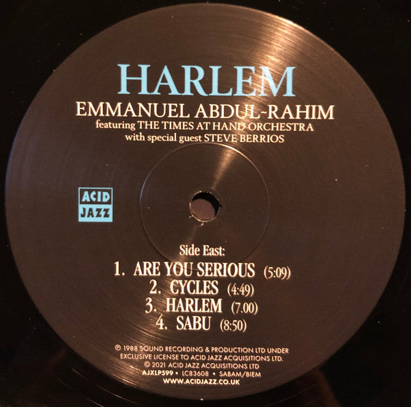 Image of Label Cover of 0415363C: LP - EMMANUEL ABDUL-RAHIM FEATURING THE TIMES AT HAND ORCHESTRA WITH SPECIAL GUEST STEVE BERRIOS, Harlem (Acid Jazz; AJXLP599, Denmark 2021 Reissue) Shrink-wrap  VG+/VG+