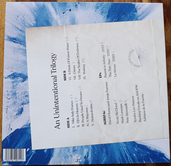 Image of Back Cover of LP - VG+/VG+ - AGRIO, El Amigo Americano (God Unknown Records; GOD095, UK 2024, Inner, With Mark Lanegan, Scott McCloud (GVSB) & Pete Simonelli (Enablers)), Strong VG+. In plastic sleeve with hype sticker. Small seam splitting and ring wear to inner. Bumped corner.,  - 0545479S