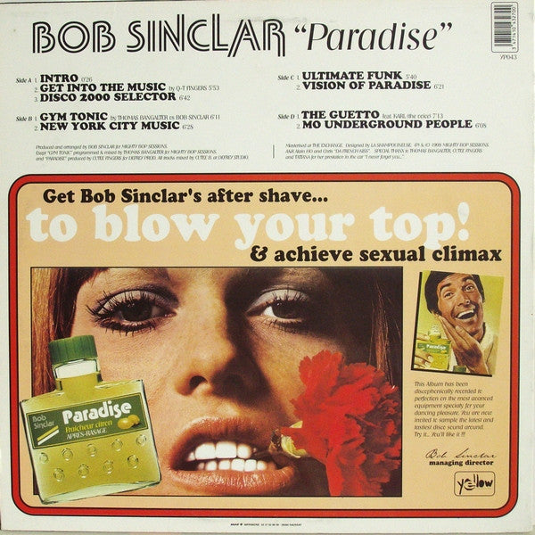 Image of Back Cover of 2xLP - VG/G+ - BOB SINCLAR, Paradise (Yellow Productions ; YP043, France 1998, Picture Sleeve, Original 1st Pressing.), A-Side is G+, B, C & D-Sides are Strong VG.,  - 2326229E